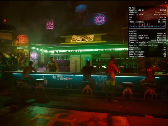 Ютьюбер тестирует игровое обновление macOS 26 Tahoe: Cyberpunk 2077 показывает 60 FPS на MacBook Pro M1 Max с MetalFX